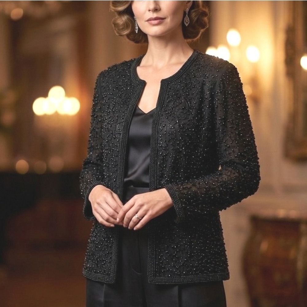 Cote d'Azur Womens Silk Beaded Evening Jacket L Black Embroidered Glam VTG Party